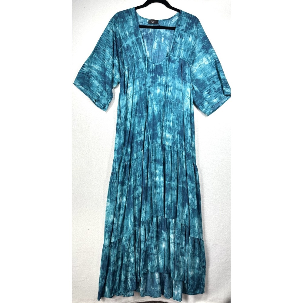 VICI Kimono Maxi Dress Blue Size Small Deep V Plunge Swim Beach Cover Up Resort